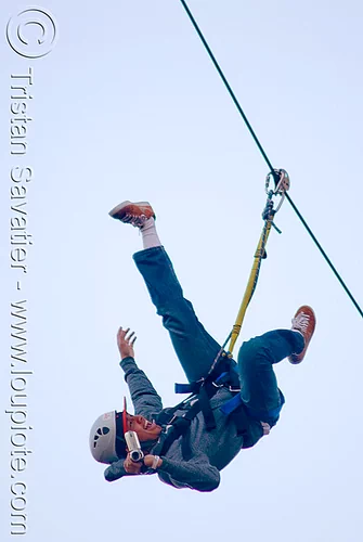 guy shooting a video on the zip-line over san francisco, adventure, blue sky, cable line, cables, camcorder, camera, embarcadero, hanging, helmet, man, mountaineering, moving fast, shooting, speed, steel cable, trolley, tyrolienne, upside-down, urban, video, zip line, zip wire