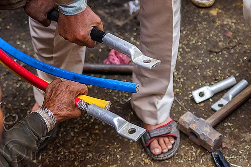 high voltage aluminium cables and connectors, connectors, delhi, electric, electricity, hands, high voltage, power cables, workers, working