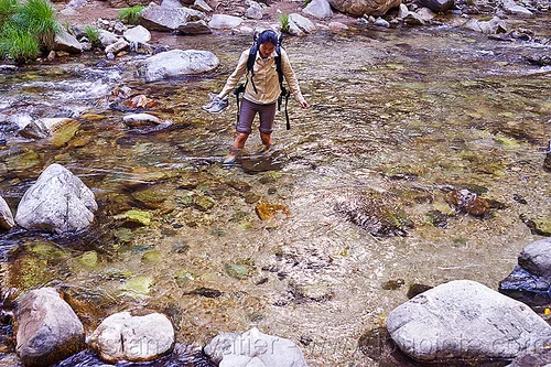 hiker fording a river (vantana wilderness), backpack, backpacking, big sur river, ford, fording, hiking, pine ridge trail, river bed, river crossing, rocks, stream, trekking, vantana wilderness, wading, walking, woman