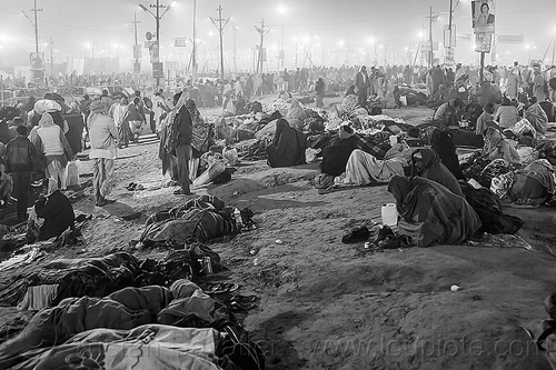 hindu pilgrims camping in the street at night - kumbh mela (india), camping, crowd, hindu pilgrimage, hinduism, kumbh maha snan, kumbh mela, mauni amavasya, night, sleeping, triveni sangam, walking
