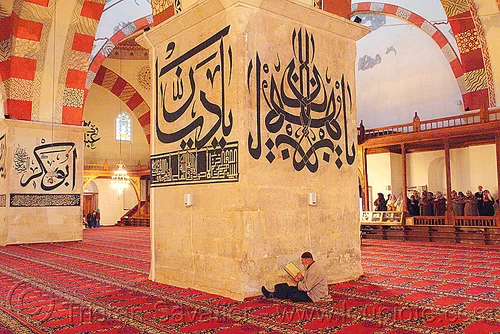 inside eski camii mosque - edirne (turkey country), arabic calligraphy, architecture, carpet, column, edirne, eski camii, eski mosque, faith, holy book, inside, interior, islam, koran, man, muslim, pillar, praying, quraan, quran, reading, scholar, scriptures, sitting, studying, vaults, verses