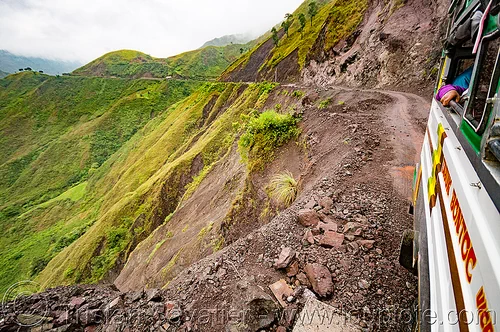jeepney on precarious dirt road on steep mountain slope (philippines), chico valley, cordillera, dirt road, jeepneys, mountain road, mountains, steep