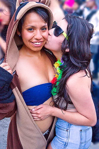kiss on the cheek, cheek kissing, jessica, raccoon suit, women