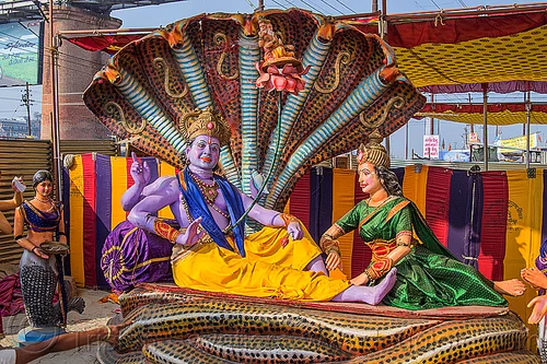 krishna - hindu god sculpture with five headed naga snake, ananta sesha, ashram, brahma, deities, gods, hare krishna, hindu pilgrimage, hinduism, iskcon, kitch, kumbh mela, laxmi devi, laxmi-narayana, naga snake, purple, sculptures, statues, vasuki, vishnu