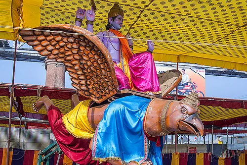 krishna riding garuda bird god - hindu deity sculptures, ashram, bird, deities, flying, garuda, gods, hare krishna, hindu pilgrimage, hinduism, iskcon, kitch, kumbh mela, sculptures, statues, vishnu