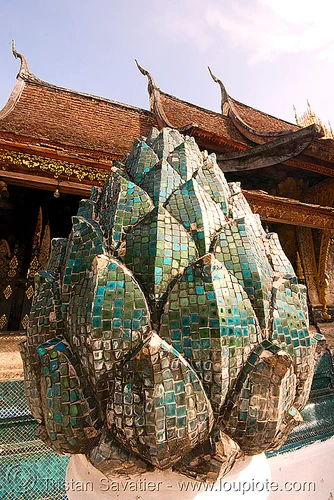 lotus flower mosaic sculpture in temple - luang prabang (laos), buddhism, buddhist temple, lotus flower, luang prabang, mosaic, sculpture