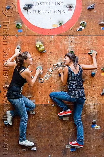 mariel and celina on the climbing wall, argentina, backpackers, celina, climbing wall, cordoba capital, córdoba capital, hostel, mariel, noroeste argentino, rock wall, woman