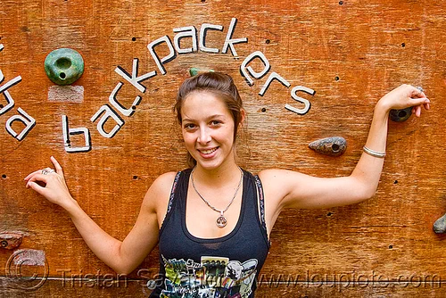 mariel on the climbing wall, argentina, backpackers, climbing wall, cordoba capital, córdoba capital, hostel, mariel, noroeste argentino, rock wall, woman