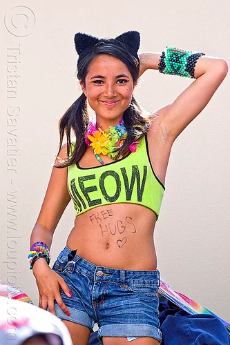 meow tank top, beads bracelets, cat ears headband, dancing, flower necklace, free hugs, gay pride festival, jeans short, kandi cuffs, kandi raver, meow, party fashion, rainbow necklace, rave fasion, tank top, woman