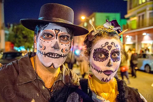 michael paim and louise with sugar skull makeup - dia de los muertos, day of the dead, dia de los muertos, face painting, facepaint, halloween, man, night, sugar skull makeup, woman