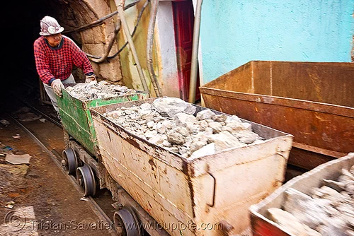 mine trolley carrying the silver ore - potosi (bolivia), bins, bolivia, cerro rico, man, mina candelaria, mine tunnel, mine worker, miner, mining, ore, potosí, safety helmet, trolley, underground mine, working