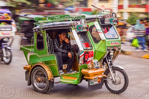motorized tricycle (philippines), bontoc, colorful, man, motorcycle, motorized tricycle, passenger, sidecar, sitting, tricycle philippines