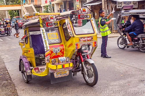 motorized tricycles (philippines), bontoc, colorful, man, motorcycles, motorized tricycle, policeman, reflective vest, safety vest, sidecar, traffic police, tricycle philippines