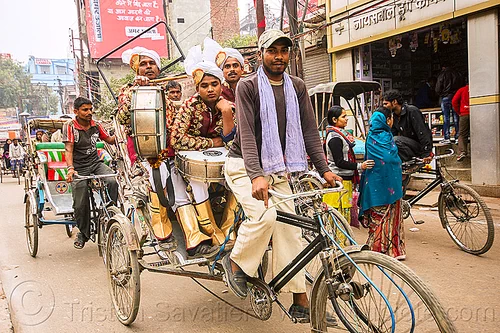 musicians on cycle rickshaw, on their way to a wedding (india), cycle rickshaw, drum, drummer, headdress, men, moving, music band, musicians, turbans, uniform, varanasi, wedding