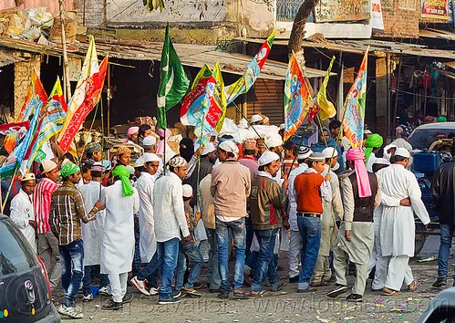 muslim men holding flags at street parade - eid-milad-un-nabi muslim festival (india), crowd, eid e milad un nabi, eid e milād un nabī, islam, mawlid, men, muhammad's birthday, muslim festival, muslim parade, nabi day, prophet's birthday, عید میلاد النبی, ईद मिलाद नबी
