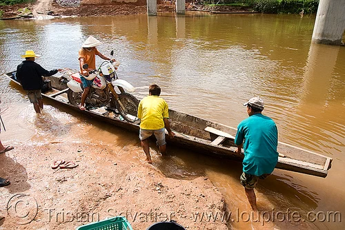 my motorcycle on a very small river-crossing boat (laos), 250cc, dual-sport, ferry boat, honda motorcycle, honda xr 250, kong lor, motorcycle touring, river boats, river crossing, river ferry, road, rowing boat, small boat