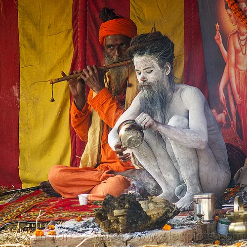 naked baba - naga sadhu with vibhuti holy ash (india), beard, bhagwa, bodypaint, bodypainted, dreadlocks, hindu pilgrimage, hinduism, holy ash, kumbh mela, men, naga babas, naga sadhus, orange color, paush purnima, pilgrims, playing the flute, sacred ash, saffron color, sitting, vibhuti, white ash