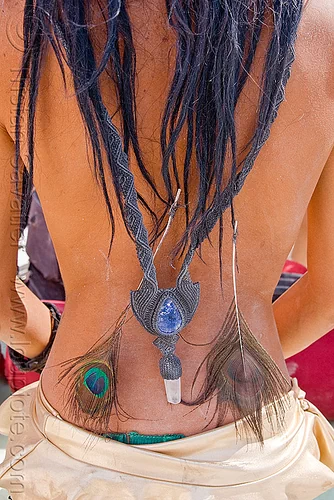 necklace with crystals and peacock feathers, crystals, necklace, peacock feathers, woman