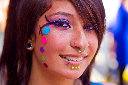 nose and lip piercing, body jewelry, color pasties, color polka dots, devin, lip piercing, nose piercing, rainbow colors, rainbow pasties, rainbow polka dots, septum piercing, woman
