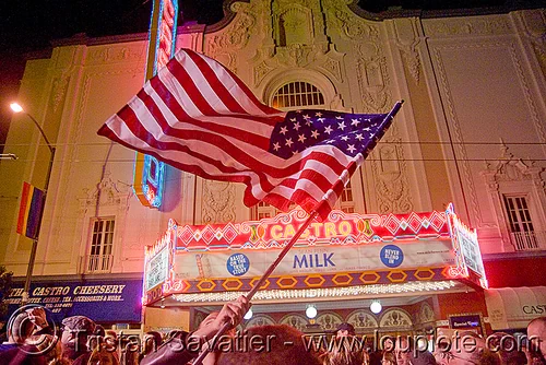 obama gets elected in san francisco - american flag - castro street party - celebrating - blogging, american flag, cnn ireport, crowd, election 08, election night, obama election, president, real-time blogging, street party, united states presidential election, us flag, yes we can