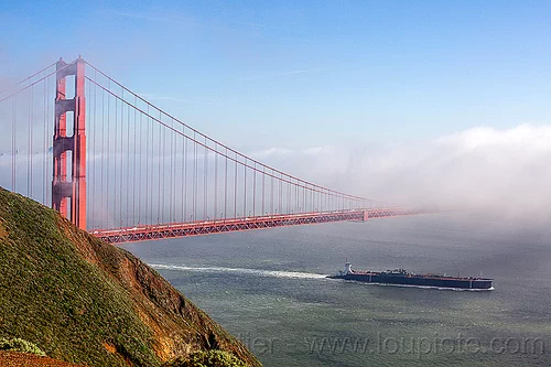 oil tanker ship sailing under the golden gate bridge (san francisco), boat, cargo ship, fog, golden gate bridge, ocean, oil tanker ship, sailing, sea, seashore, suspension bridge
