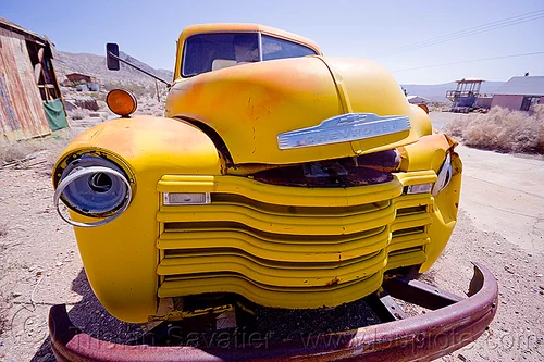 old chevy truck - darwin ghost town, chevrolet advance design, chevy, darwin, death valley, front, ghost town, grid, hood, junk, lorry, rusting, rusty, truck, wreck, yellow
