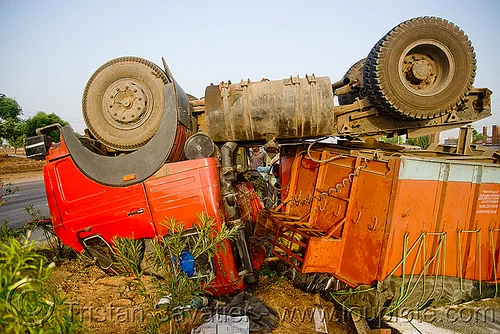 overturned semi truck - big rig accident - (india), artic, articulated lorry, cabin, collision, crushed, lorry accident, overturned truck, road crash, rollover, semi truck, semi-trailer, tata motors, tractor trailer, traffic accident, traffic crash, truck accident, up side down, wreck