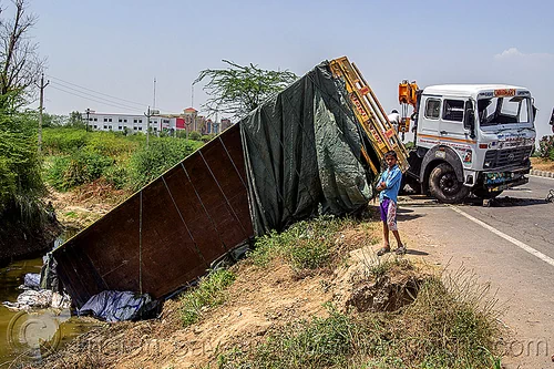 overturned semi truck (india), 4018c, artic, articulated truck, boy, child, crash, ditch, kid, lorry accident, overturned, road, semi-trailer, tata motors, tractor trailer, traffic accident, truck accident