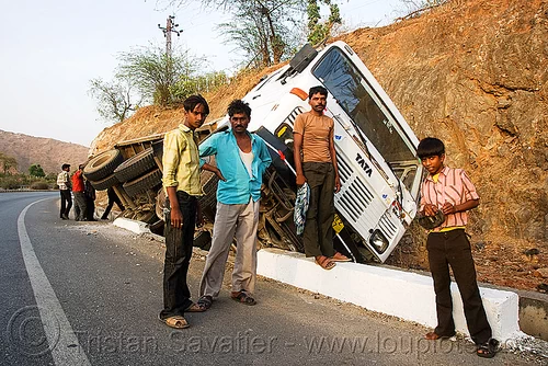 overturned truck (india), crash, ditch, lorry accident, men, overturned truck, road, tata motors, traffic accident, truck accident, wreck