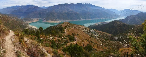 panorama of the tehri reservoir in the bhagirathi valley (india), articicial lake, artificial lake, bhagirathi river, bhagirathi valley, hills, landscape, mountains, reservoir, tehri lake