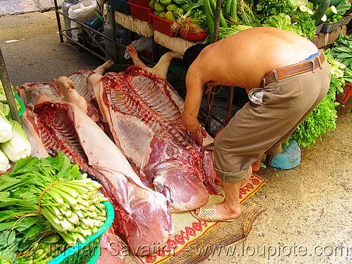 pig carcasses in market - meat - vietnam, butcher, carcass, carcasses, hanoi, man, meat market, meat shop, pigs, pork, raw meat, rib cage, ribs, spine, street market, street seller