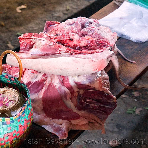 pig quarters in meat market (laos), meat market, meat shop, pig, pork, raw meat, tail