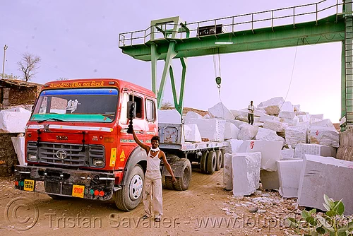 portal crane in white marble quarry (india), blocks, gantry crane, lorry, marble stone, portal crane, road, tata motors, truck