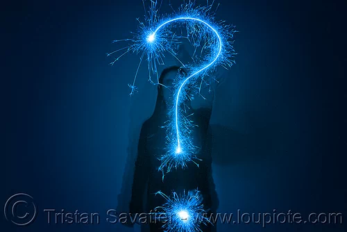 question mark - light painting with a blue sparkler, blue, dark, icon, interrogation mark, light drawing, light painting, question mark, sarah, silhouette, sparklers, sparkles, symbol