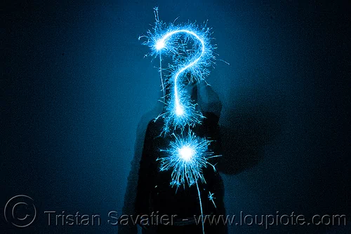 question mark - light painting with a blue sparkler, blue, dark, icon, interrogation mark, light drawing, light painting, question mark, sarah, silhouette, sparklers, sparkles, symbol