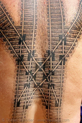 railroad tattoo - train tracks switches, backpiece, coeur de croisement, darryl, full body tattoos, rail frog, rail tracks, railroad switch, railroad tattoo, railroad tracks, railway frog, railway tracks, skin, tattooed, train tattoo, train tracks, tunnel