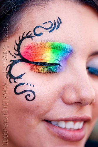 rainbow eye makeup, eye makup, face painting, facepaint, gay pride festival, rainbow colors, rainbow makeup, woman