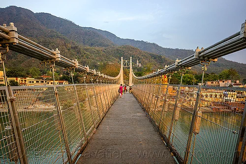ram jhula suspension bridge over ganges river in rishikesh (india), cables, footbridge, ganga, ganges river, hills, ram jhula, rishikesh, steel, suspension bridge, vanishing point