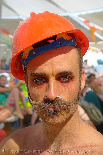 randal the furtographer - burning man 2006, beard, eye makeup, man, mustache, nose piercing, safety helmet, septum piercing