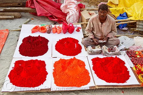 red pigment powder at street market (india), heaps, hindu pilgrimage, hinduism, kumbh mela, man, red pigment, street seller, street vendor