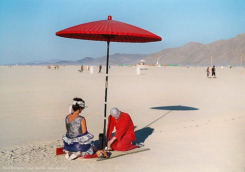 red tea ceremony by ken hamazaki - burning man 2003, greentea, japan, japanese tea ceremony, ken hamazaki, red tea ceremony, red umbrella