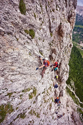 rock climbers on vertical cliff - via ferrata tridentina (dolomites), alps, cliff, climber, climbing harness, climbing helmet, dolomites, dolomiti, ferrata tridentina, mountain climbing, mountaineer, mountaineering, mountains, rock climbing, vertical, via ferrata brigata tridentina, woman