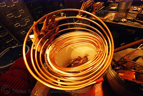 rolled-up copper pipe, copper, spiral, tube
