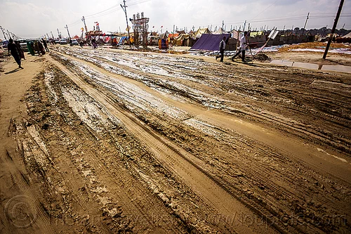 ruts on muddy road (india), hindu pilgrimage, hinduism, kumbh mela, mud ruts, muddy road, muddy street