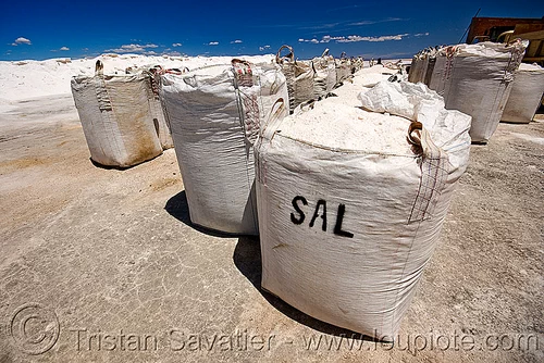 sacks of rock salt - rock salt mining in salinas grandes (jujuy, argentina), argentina, blue sky, bulk, exploitation, halite, industrial bags, jujuy, noroeste argentino, rock salt, sacks, sal, salar, salinas grandes, salt bags, salt bed, salt flats, salt lake, salt mine, salt mining, white