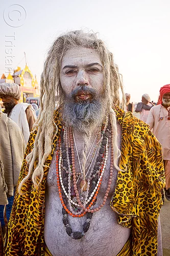sadhu covered with vibhuti holy ash (india), baba, beads, beard, hindu holy man, hindu man, hindu pilgrimage, hinduism, holy ash, kumbh mela, necklaces, pilgrim, sacred ash, sadhu, vibhuti, white ash, white dreadlocks