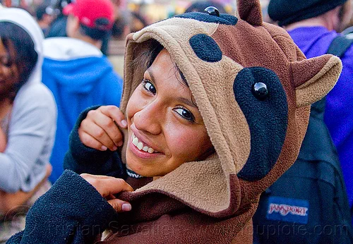 shiny black eyes, black eyes, hood, jessica, native american, raccoon costume, raccoon suit, shiny eyes, woman