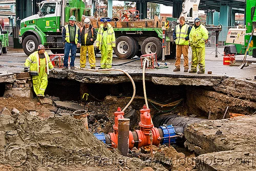 sinkhole - utility workers fixing broken water main (san francisco), awwa c515, construction workers, cut-off valves, gate valves, hetch hetchy water system, high-visibility vest, lorry, reflective vest, repairing, resilient, safety helmet, safety vest, sfpuc, sink hole, utility crew, utility truck, utility workers, water department, water main, water pipe