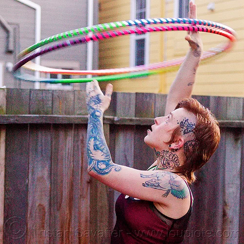 spinning double hoop, hula foops, hula hoop, leah, tattooed, tattoos, woman