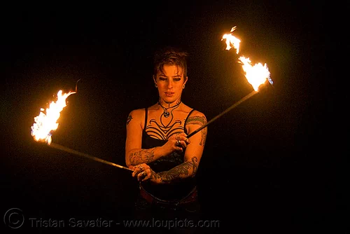 spinning fire poi (san francisco) - fire dancer - leah, fire dancer, fire dancing, fire performer, fire poi, fire spinning, leah, night, spinning fire, tattooed, tattoos, woman